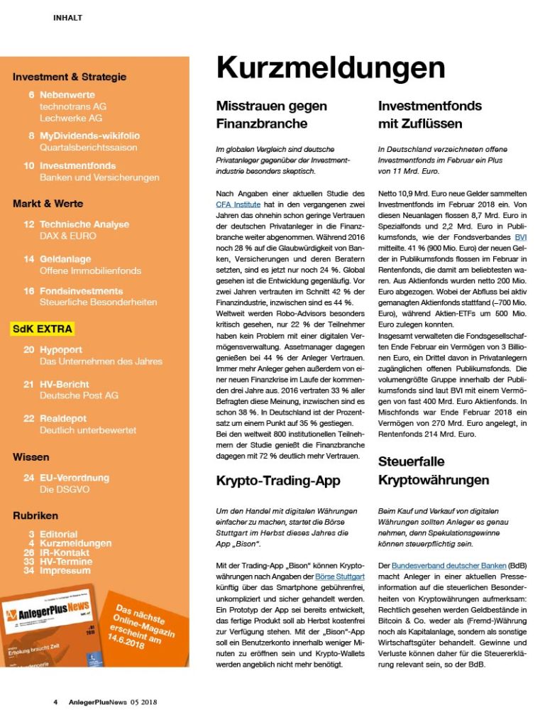 Inhalt AnlegerPlus News 05/2018