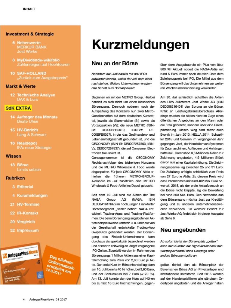 Inhalt AnlegerPlus News 08/2017