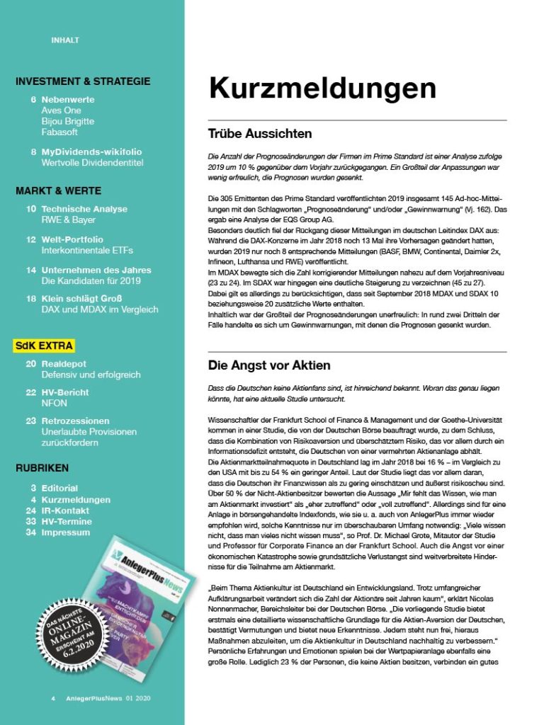 Inhalt AnlegerPlus News 01/2020