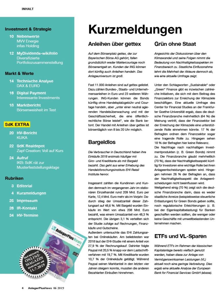 Inhalt AnlegerPlus News 06/2019