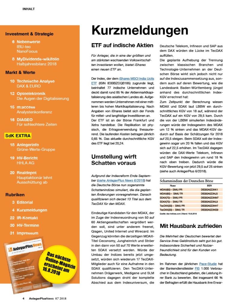 Inhalt AnlegerPlus News 07/2018