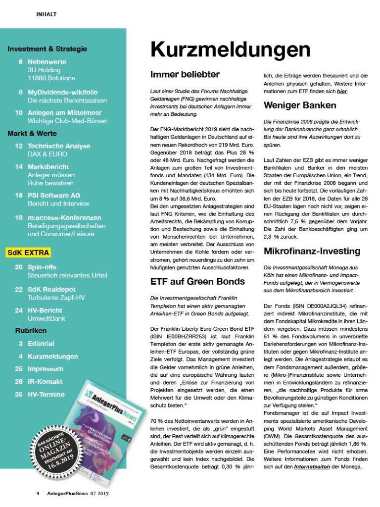 Inhalt AnlegerPlus News 07/2019