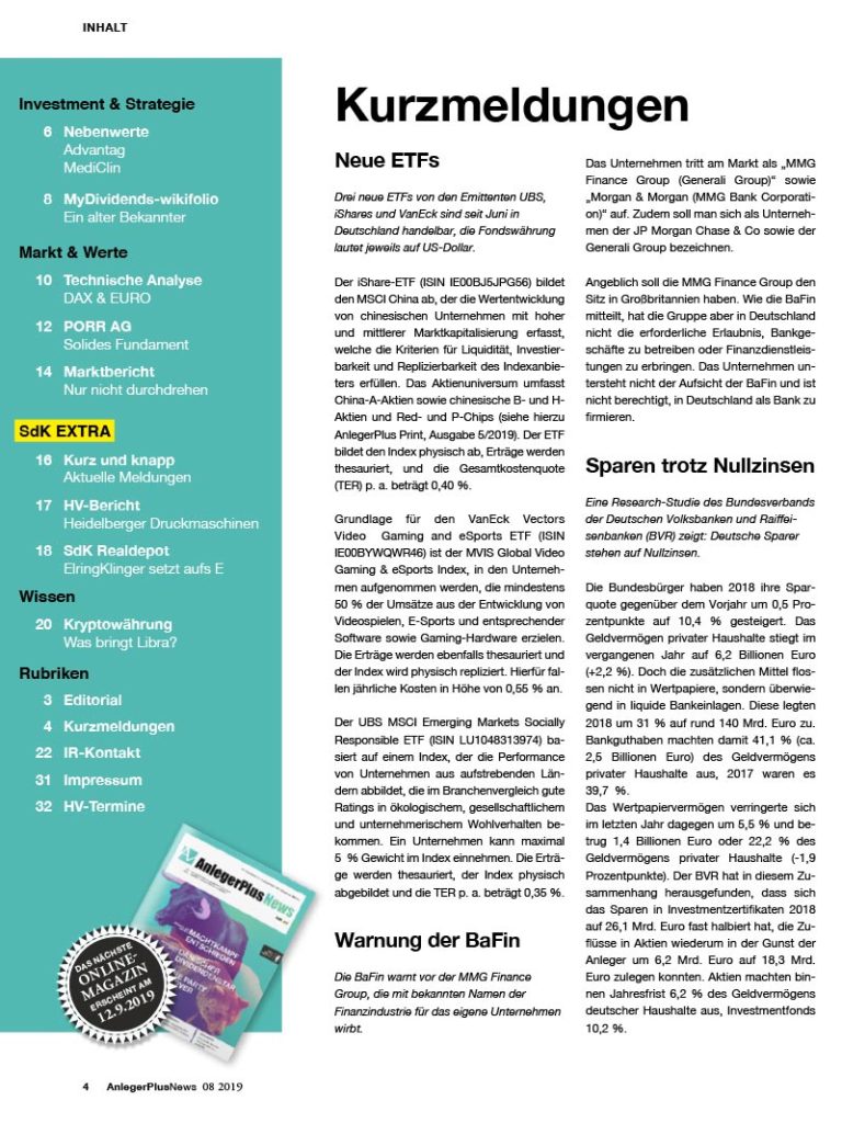 Inhalt AnlegerPlus News 08/2019