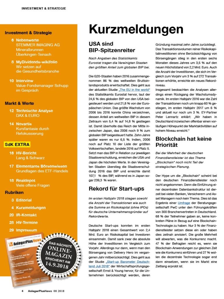 Inhalt AnlegerPlus News 08/2018