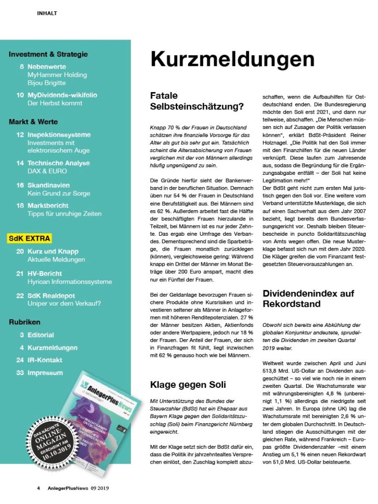 Inhalt AnlegerPlus News 09/2019