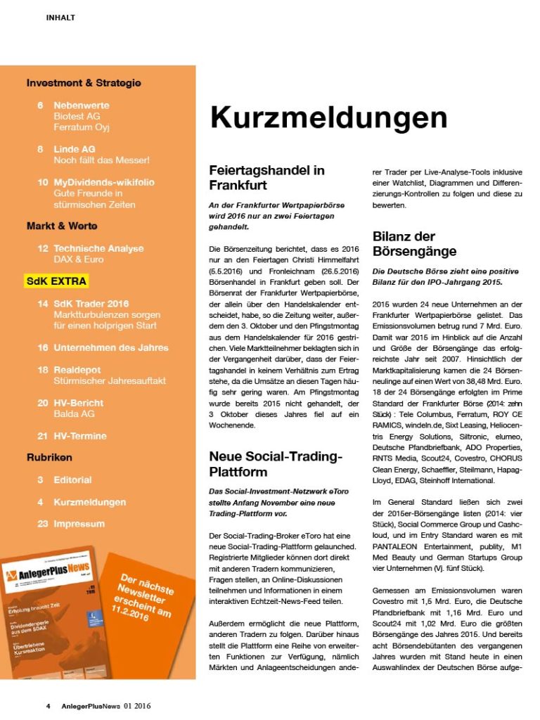 Inhalt AnlegerPlus News 01/2016