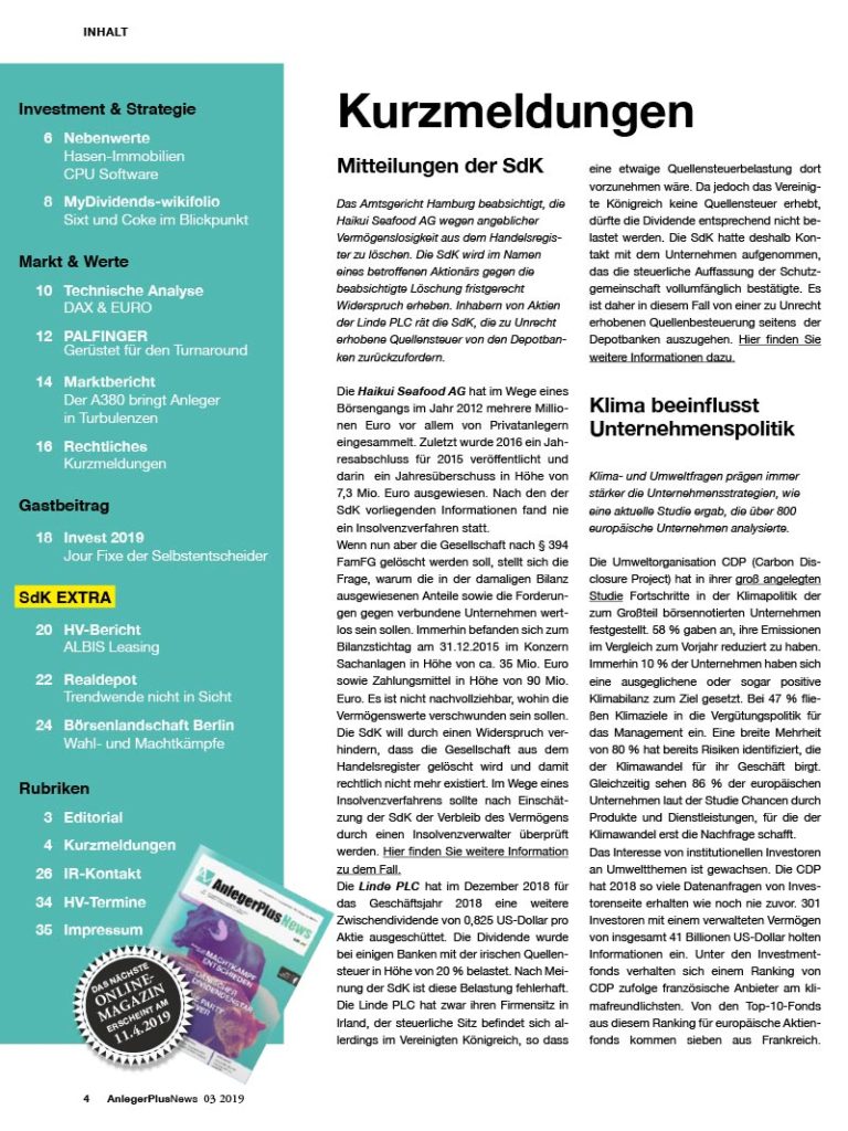 Inhalt AnlegerPlus News 03/2019