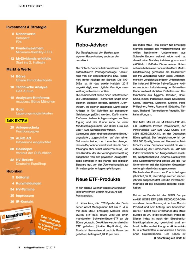 Inhalt AnlegerPlus News 07/2017