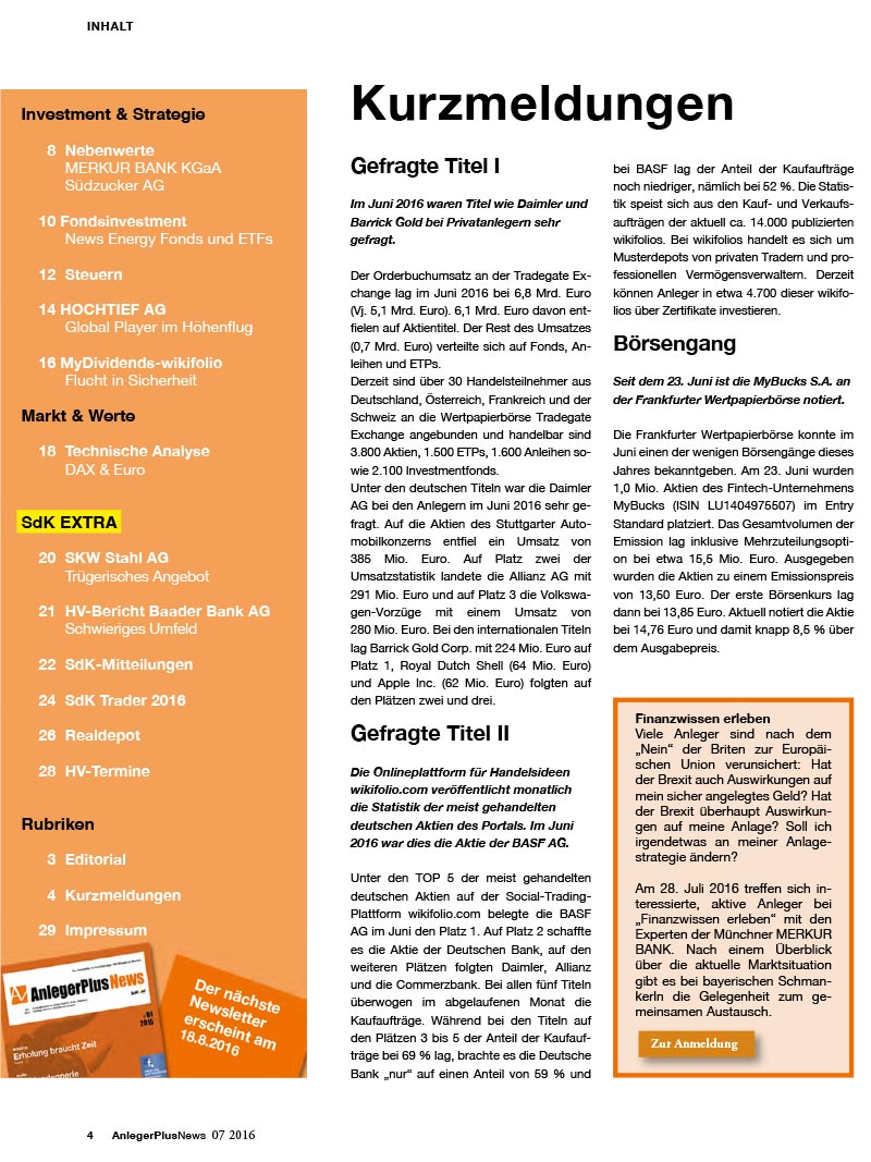 Inhalt AnlegerPlus News 07/2016