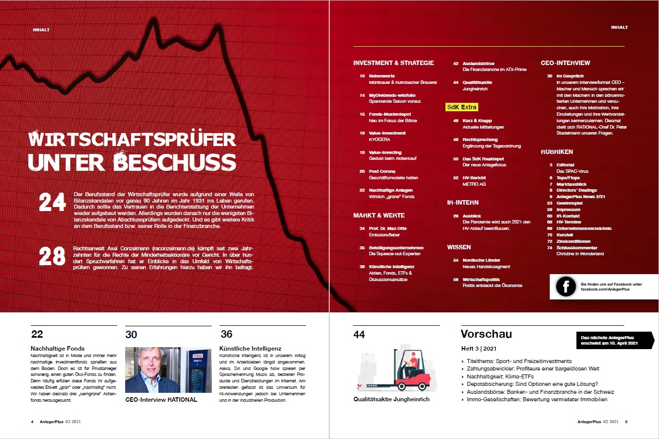 Inhaltsverzeichnis der AnlegerPlus Ausgabe Anleger Skandale