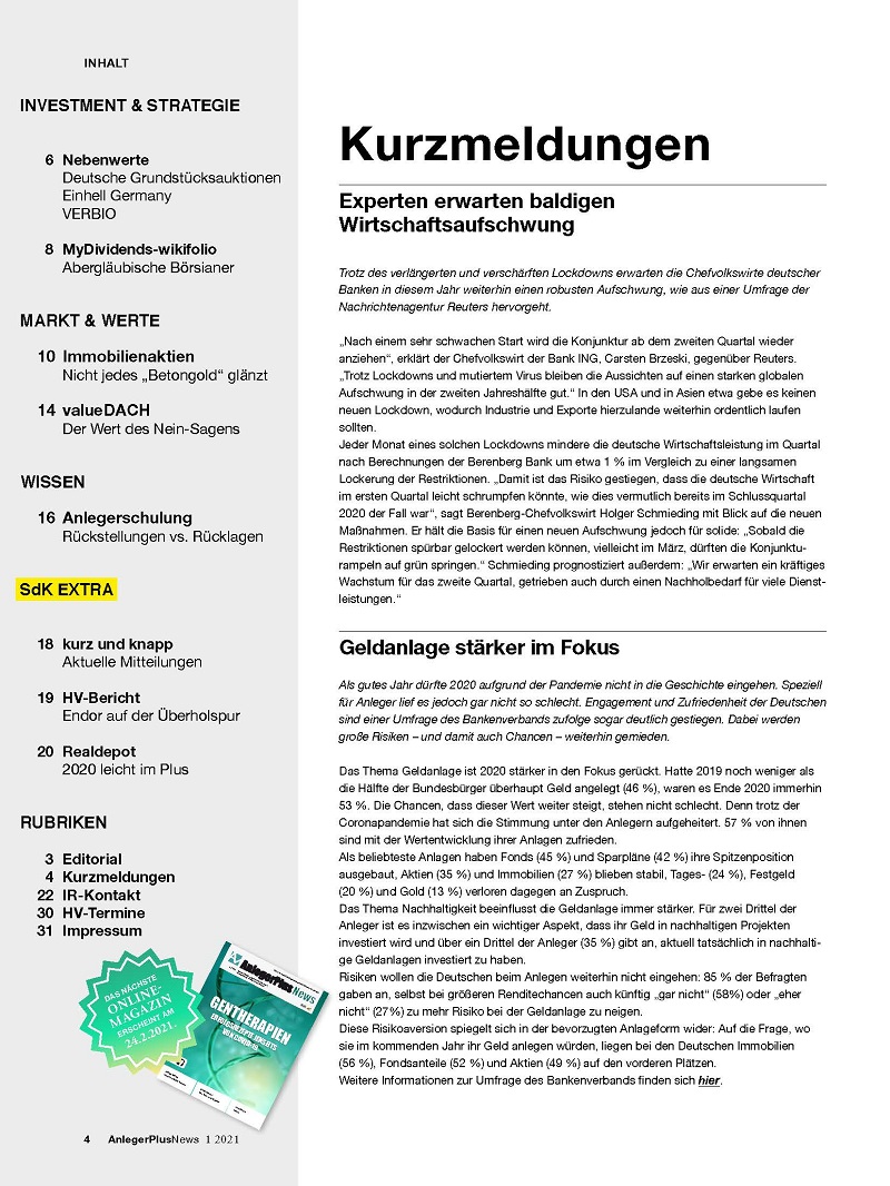 Inhalt der AnlegerPlus News Ausgabe Immobilien Aktien