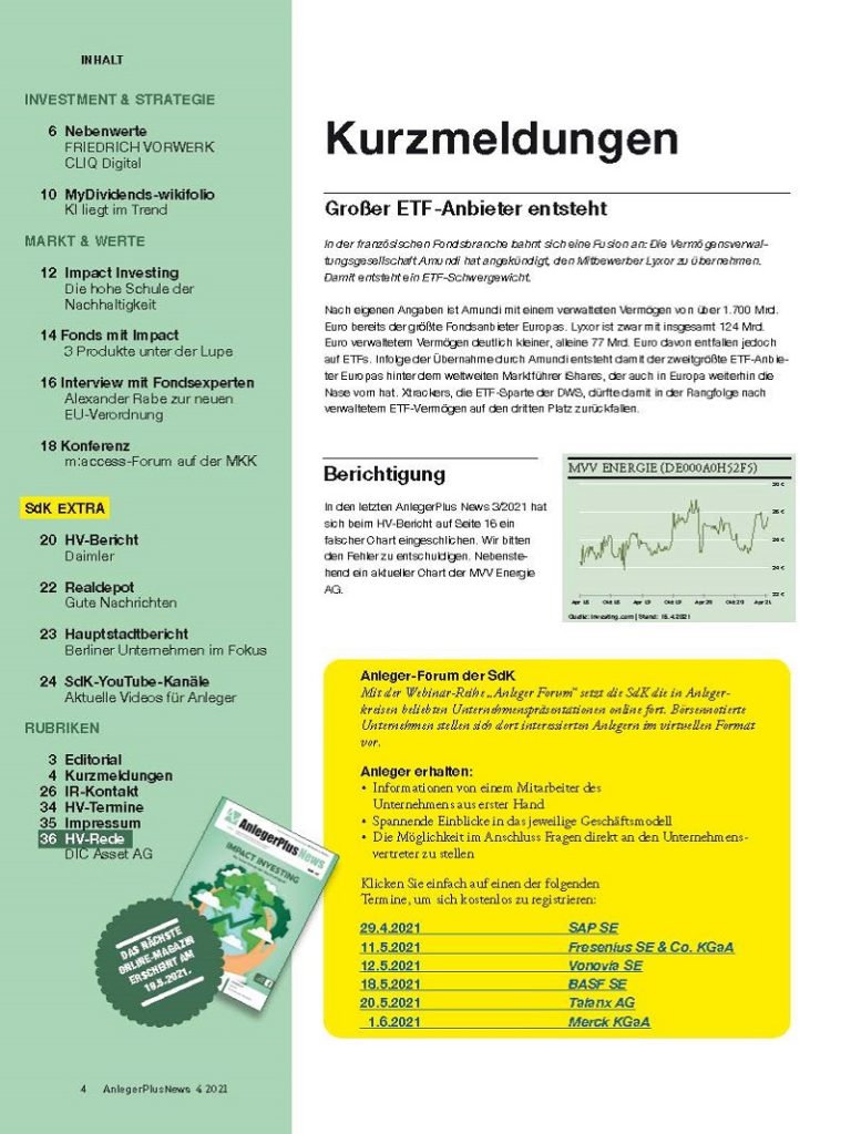 Inhalt der AnlegerPlus News Ausgabe Impact Investing