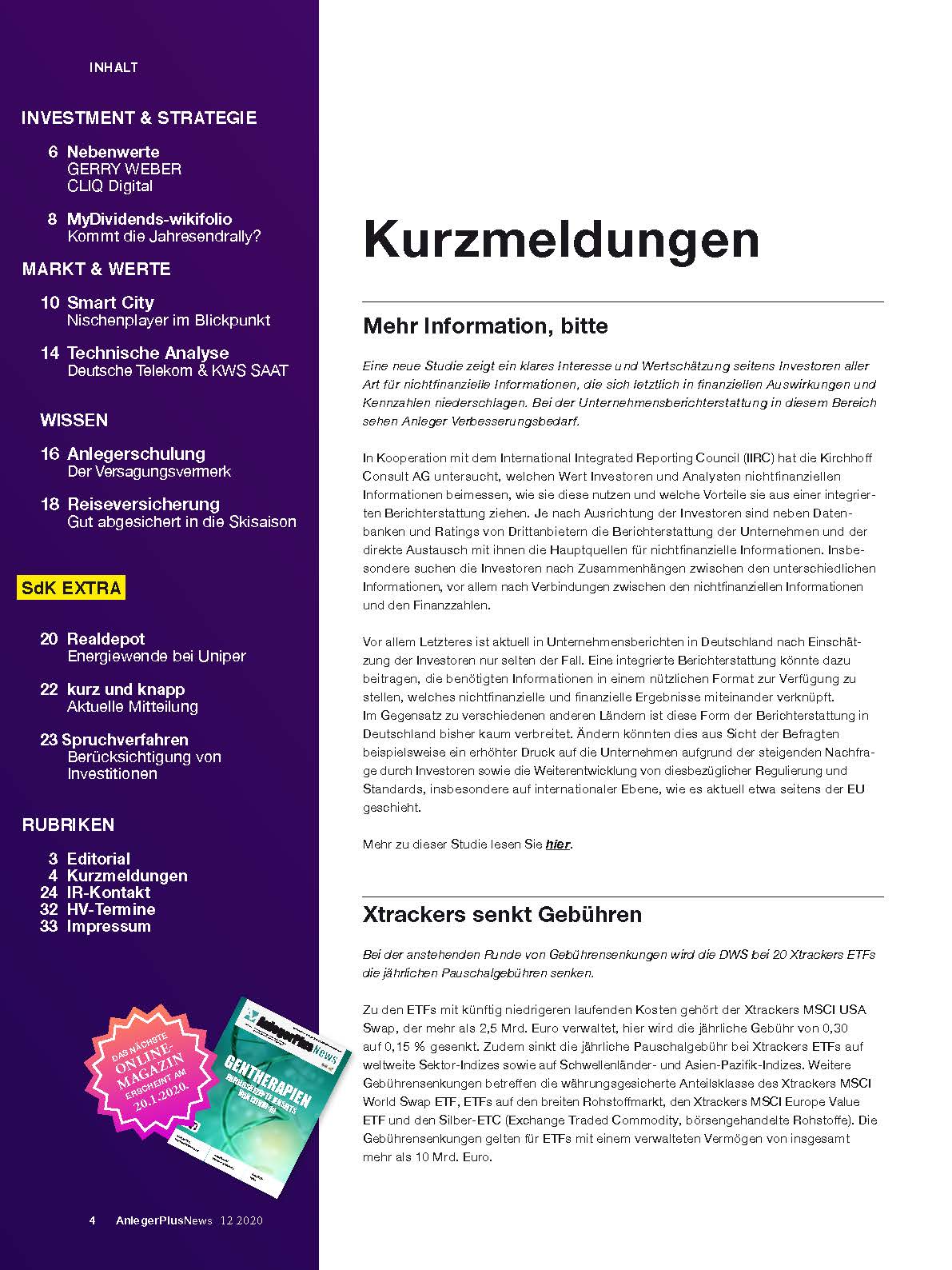 Inhaltsverzeichnis der AnlegerPlus News Ausgabe Smart City