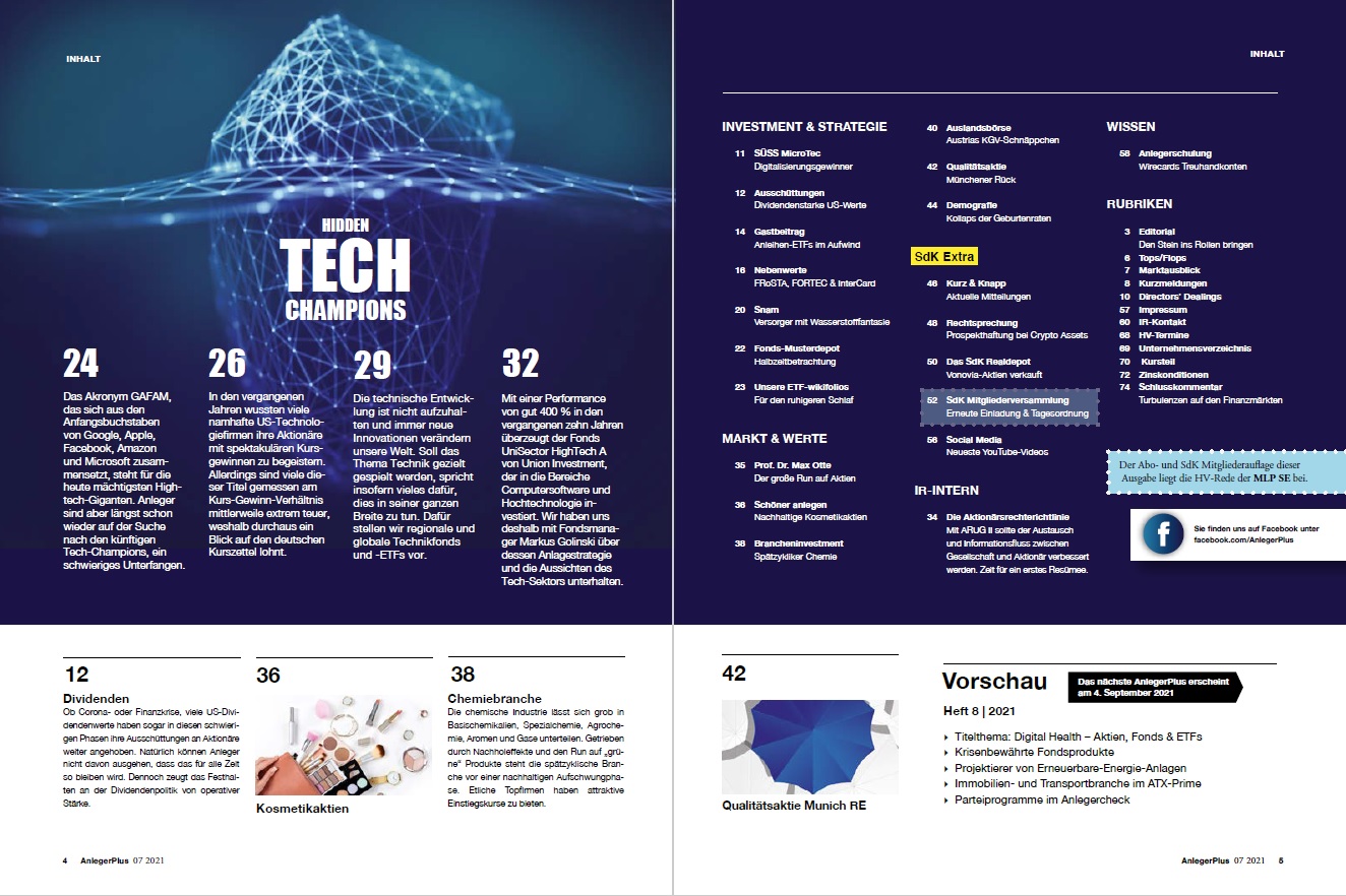 Inhalt der AnlegerPlus Ausgabe Hidden Tech Champions