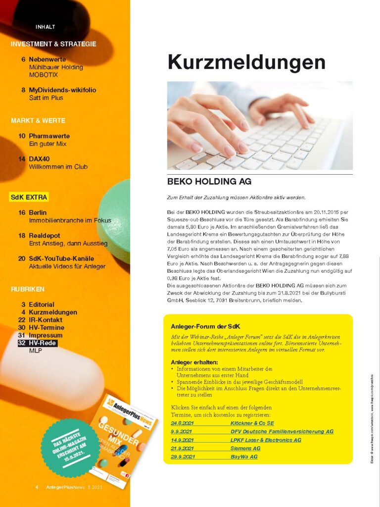 Inhalt der AnlegerPlus News Ausgabe Gesunder Mix Aktien aus der Pharmabranche