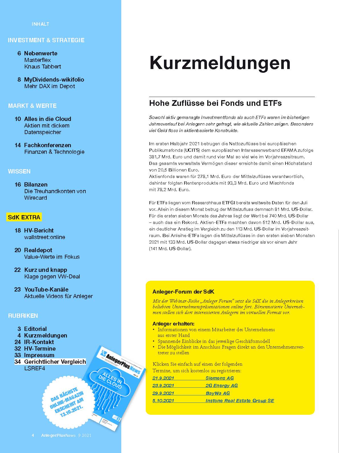 Inhalt der AnlegerPlus News Ausgabe "Alles in die Cloud"