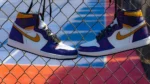 Zwei Nike-Sneaker, die an einem zaun hängen.